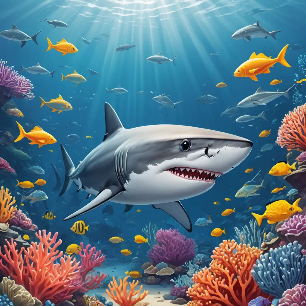 a shark swimming in the ocean with many fish around it and a sunbeam above it that is shining, computer art, computer graphics, Aquirax Uno, highly detailed digital painting