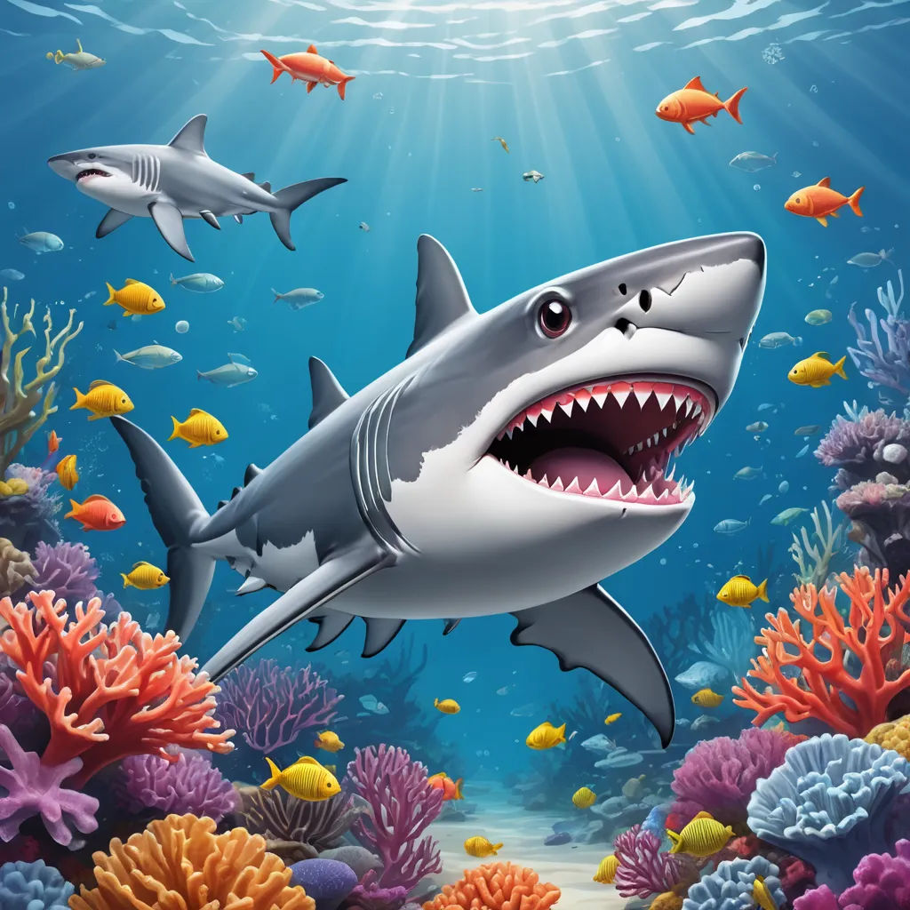 a shark with a large open mouth swimming in the ocean with corals and fish around it illustration of a shark with open mouth, computer art, computer graphics, Chris LaBrooy, highly detailed digital painting