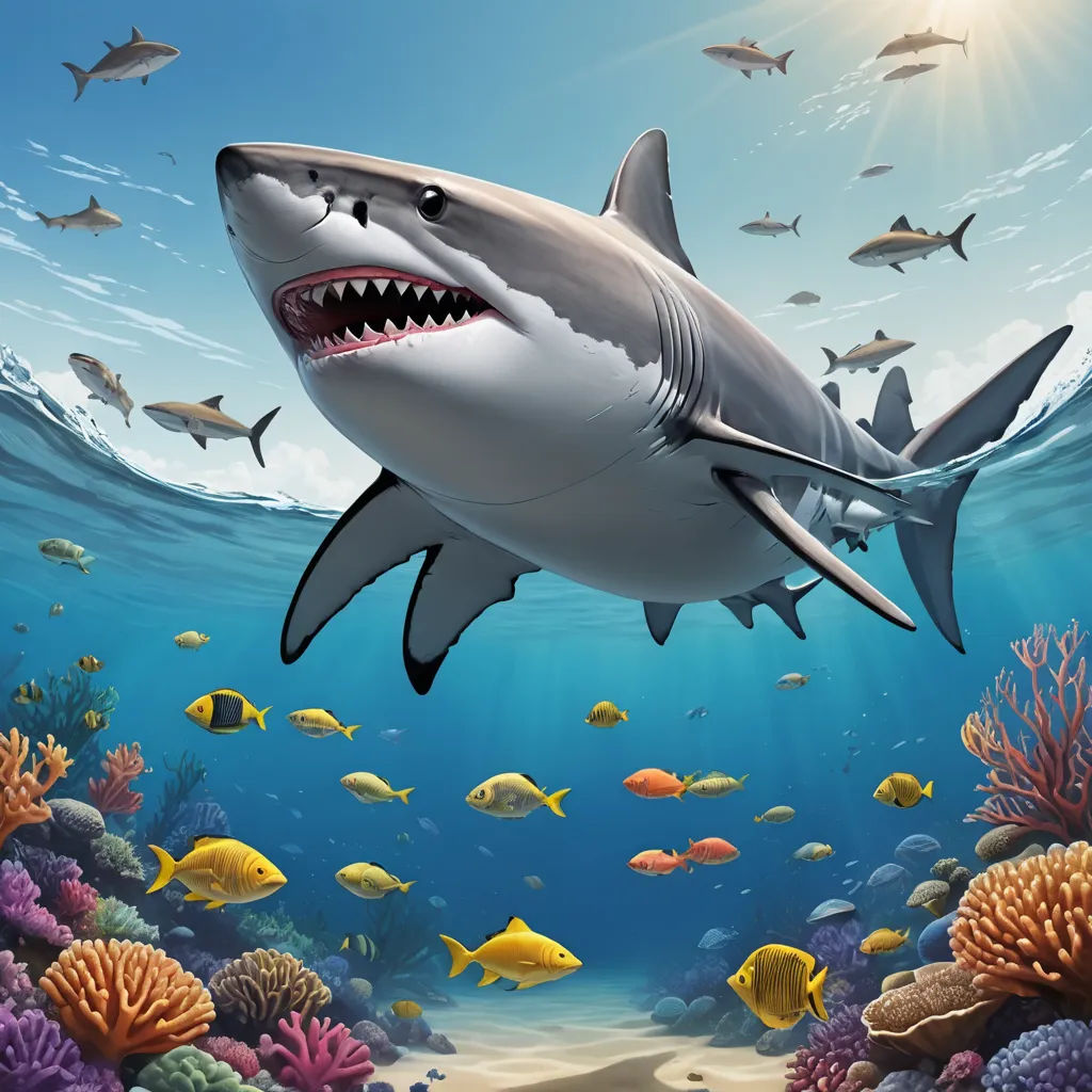 a shark swimming in the ocean with many fish around it and a sun shining on the water's surface, photorealism, a digital painting, David Martin, highly detailed digital painting