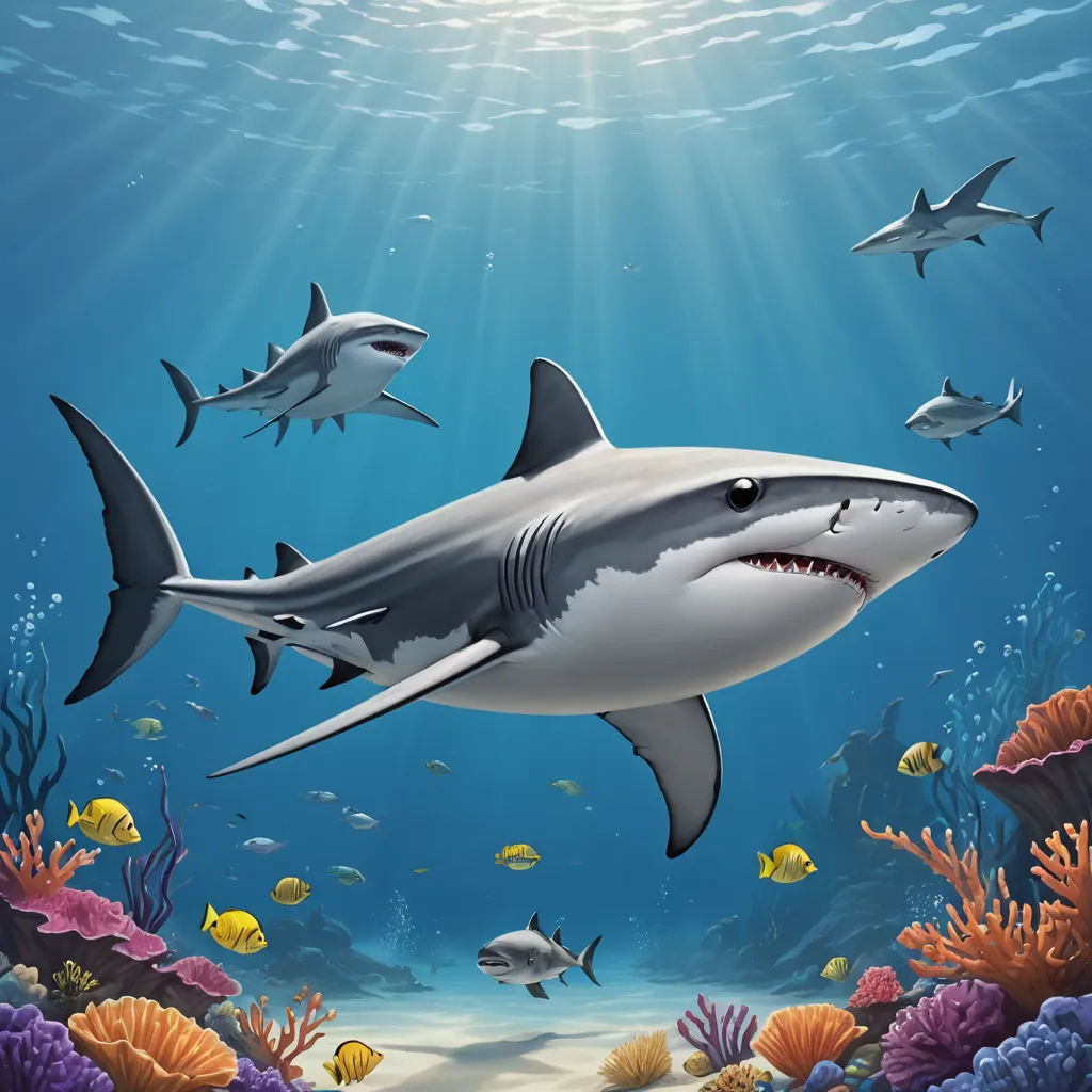 a painting of a shark swimming in the ocean with other sharks nearby and a sunbeam in the sky, fantasy art, a digital painting, David Martin, highly detailed digital painting