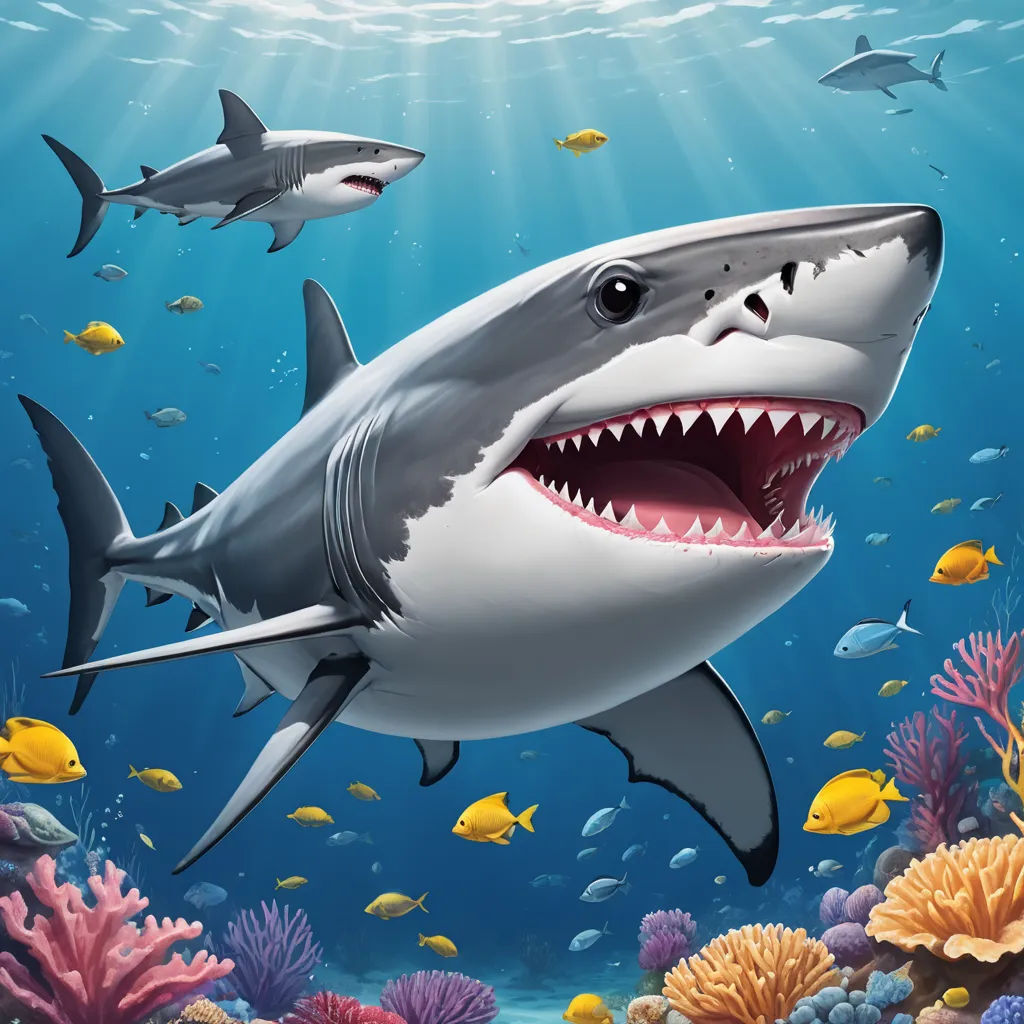 a shark with a large open mouth swimming in the ocean with other sharks around it and corals and fish, pop surrealism, a digital painting, Beeple, highly detailed digital painting