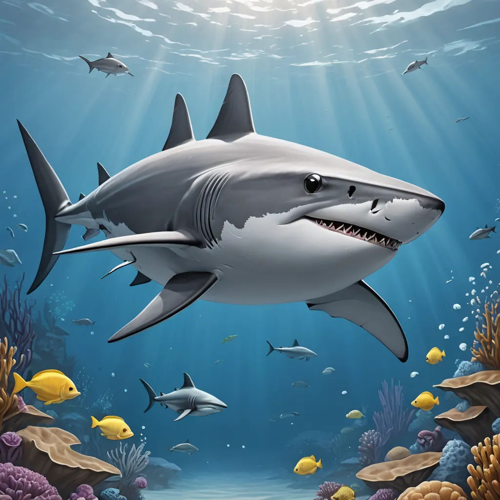 a shark swimming in the ocean with other fish around it and a sunbeam above it that is shining, fantasy art, a digital painting, David Martin, highly detailed digital painting