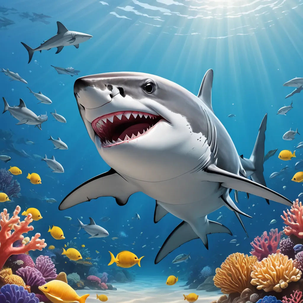 a shark with a large open mouth swimming in the ocean with other fish around it and a sunburst above it, photorealism, a digital rendering, Damien Hirst, sharp foccus ilustration