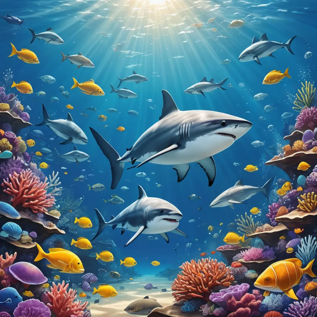a painting of a group of sharks swimming in the ocean with corals and fish around them, under a bright blue sky, fantasy art, an airbrush painting, David Martin, highly detailed digital painting