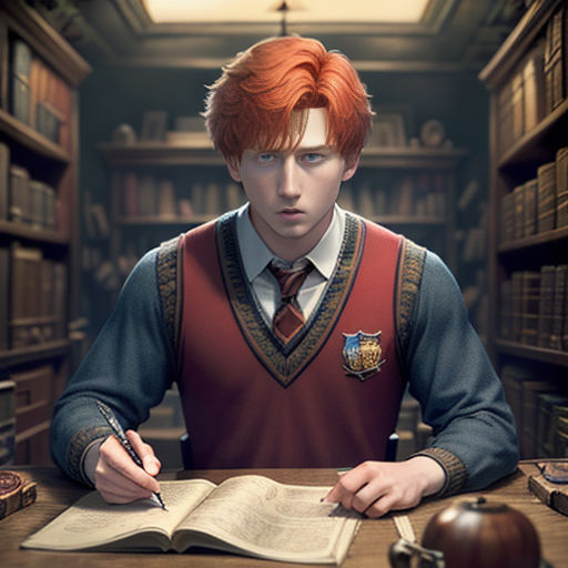 a young man sitting at a desk with a book and pen in his hand and a book in front of him