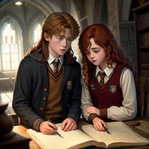 a boy and a girl sitting at a table with a book and pen in front of them, both looking at a book