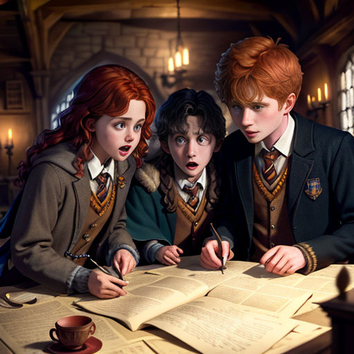 three children are sitting at a table with books and papers in front of them, one of them is writing