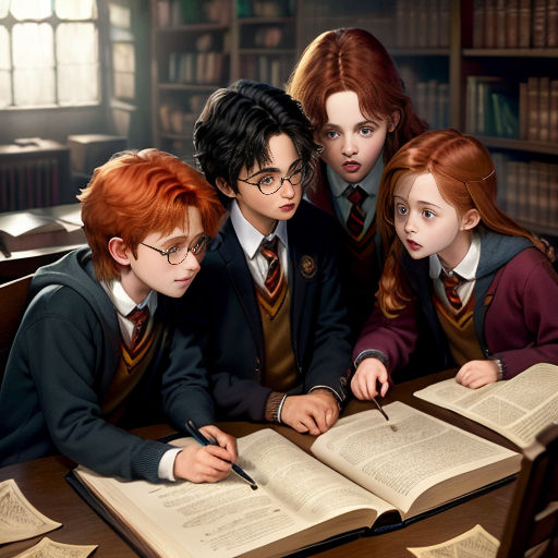 a group of children sitting at a table with books and a pen in front of them, all looking at a book