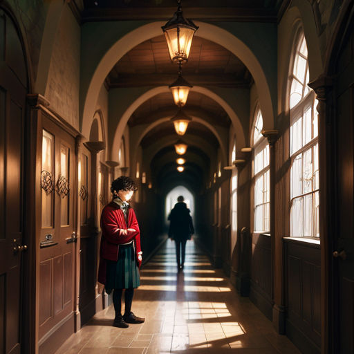 a woman standing in a hallway with a red coat on and a man in a black coat walking down the hallway