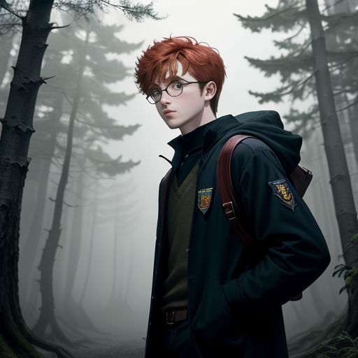a man with red hair and glasses standing in a forest with trees in the background and fog in the air