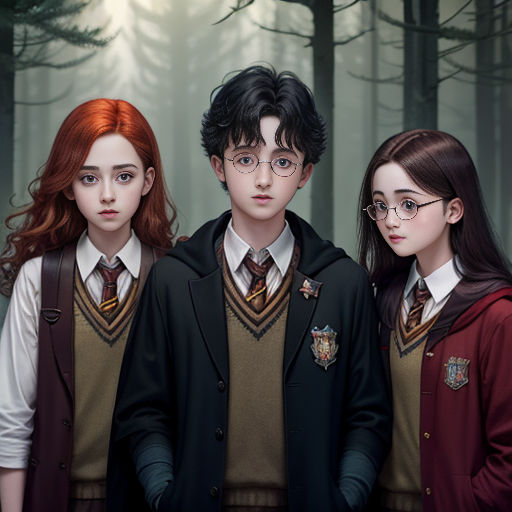a group of three young people standing next to each other in front of a forest filled with trees and fog
