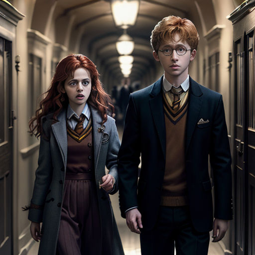 a man and a woman walking down a hallway together in harry potter outfits and holding hands with each other