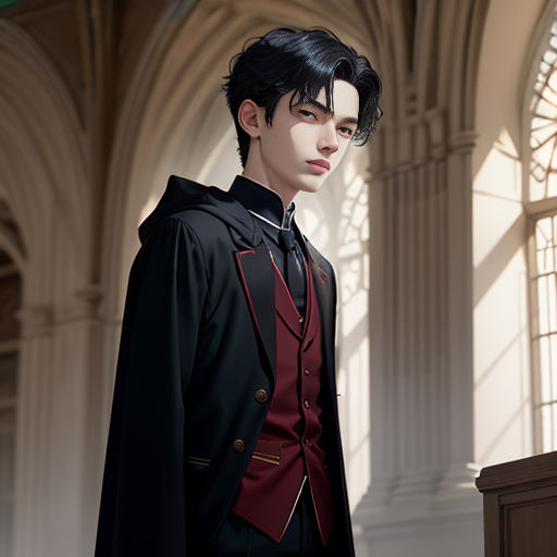 a man in a black and red suit and a window in a building with a clock on it's side