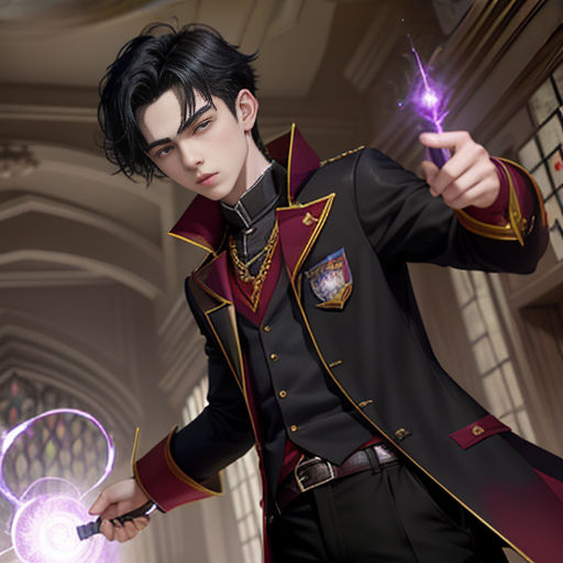 a man in a uniform holding a purple light up wand in his hand and a purple light up wand in his other hand
