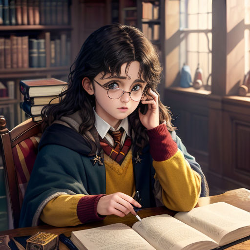 a young girl sitting at a table with an open book and a pen in her hand and a book in front of her