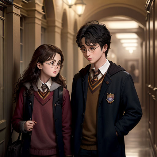 a couple of people standing next to each other in a hallway with lights on and a door open to the hallway