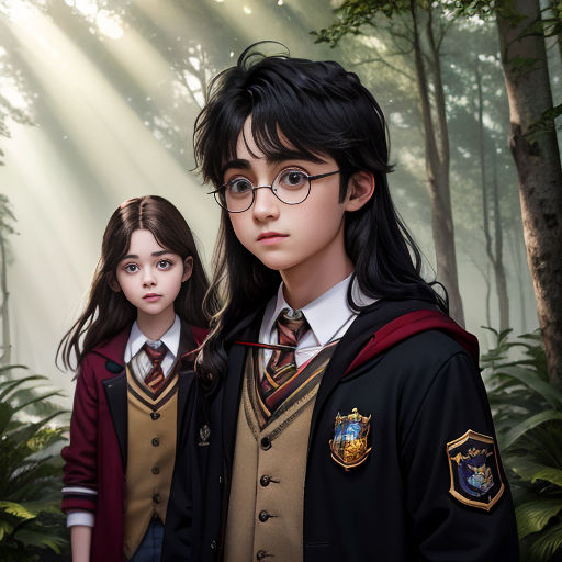 a couple of kids standing next to each other in a forest with sunlight streaming through the trees behind them