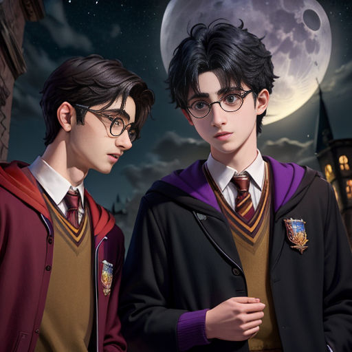two young men in harry potter robes standing next to each other in front of a full moon sky with a castle in the background