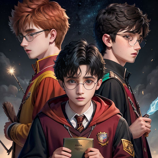 a group of young harry potters standing next to each other in front of a sky with stars and clouds