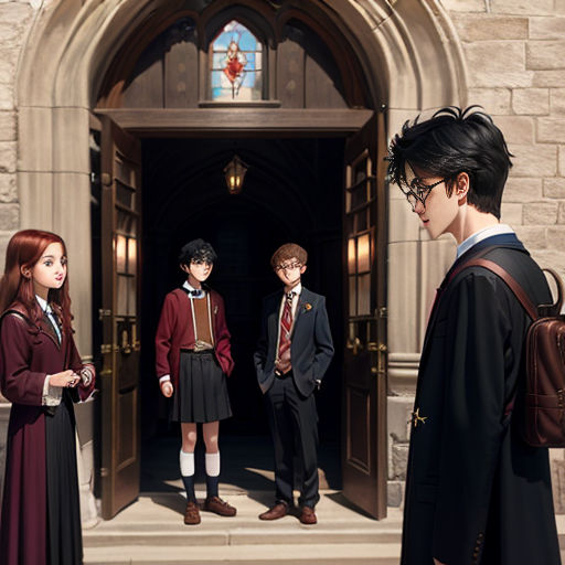 a group of people standing in front of a building with a door open and a girl in a dress