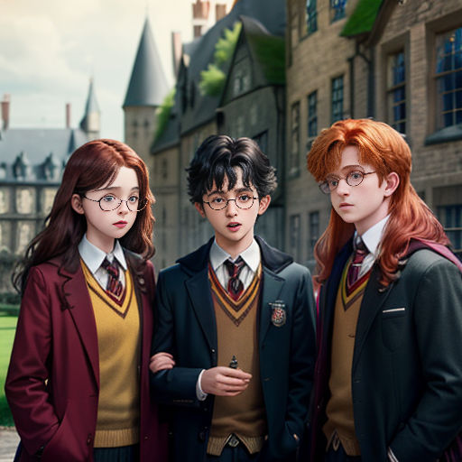 three young people in school uniforms standing in front of a castle like building with a clock tower in the background