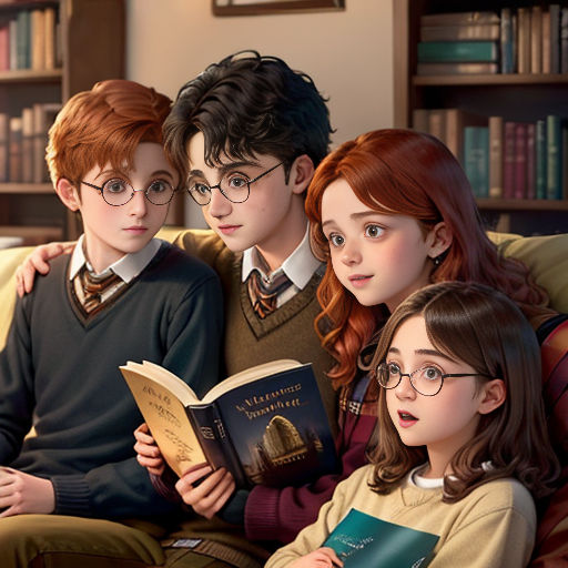 a group of people sitting on a couch reading a book together in a library with bookshelves in the background