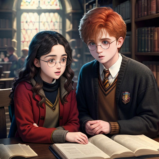 a couple of people sitting at a table with books in front of them and a book case behind them