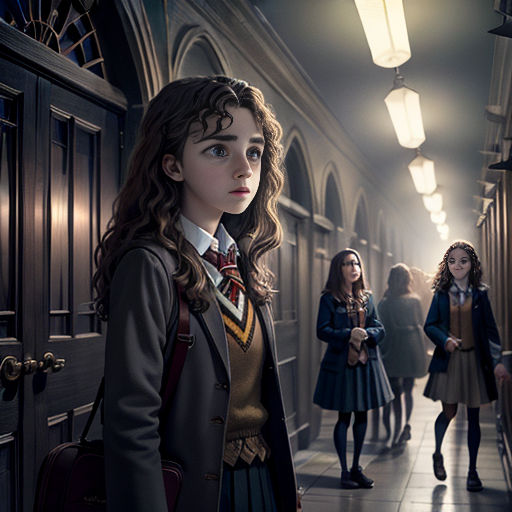 a group of girls standing in a hallway next to a door and a clock tower in the background with a woman in a school uniform