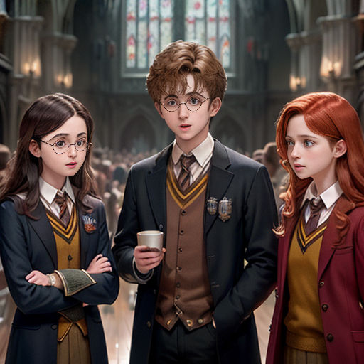 a group of people standing in a church together with a harry potter costume on and a girl holding a cup