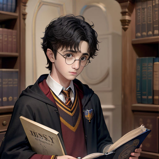 a boy in a harry potter costume reading a book in a library with bookshelves behind him and a bookcase behind him