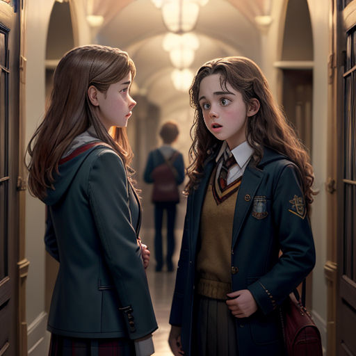 two girls standing in a hallway talking to each other and looking at each other with a person in the background
