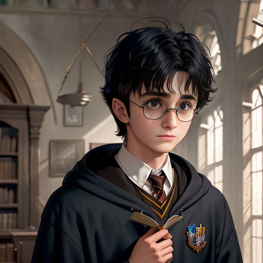 a boy in a harry potter outfit holding a wand and a book in his hands in a room with a window