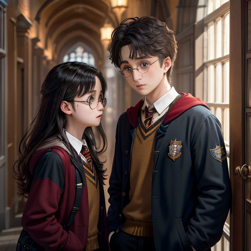 a boy and a girl standing in a hallway together, both wearing harry potter outfits and glasses, both looking at each other