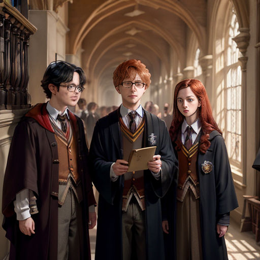 a group of people standing next to each other in a hallway with a book in hand and a book in front of them