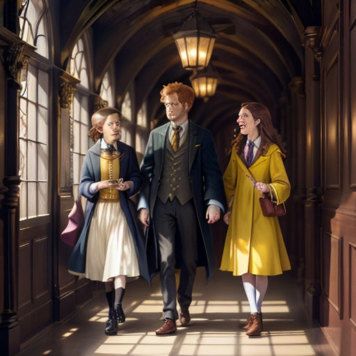 a painting of three people walking down a hallway together, one of them is wearing a coat and the other is a dress