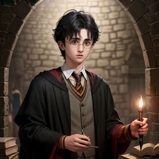 a young harry potter holding a lit candle in a room with a brick wall and archways in the background