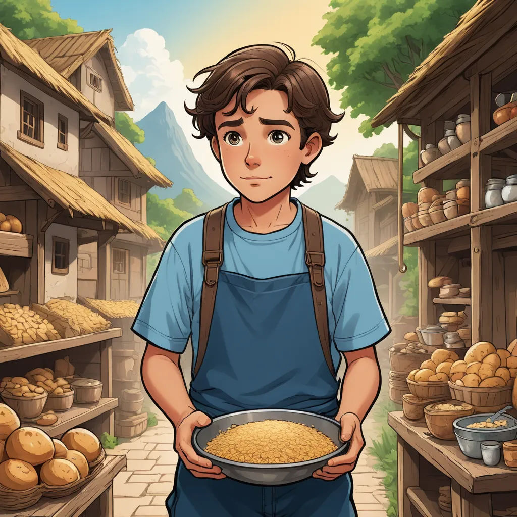 a man holding a pan of food in a market place with a mountain in the background and a storefront with shelves full of goods, fantasy art, a storybook illustration, Cedric Seaut (Keos Masons), kinkade