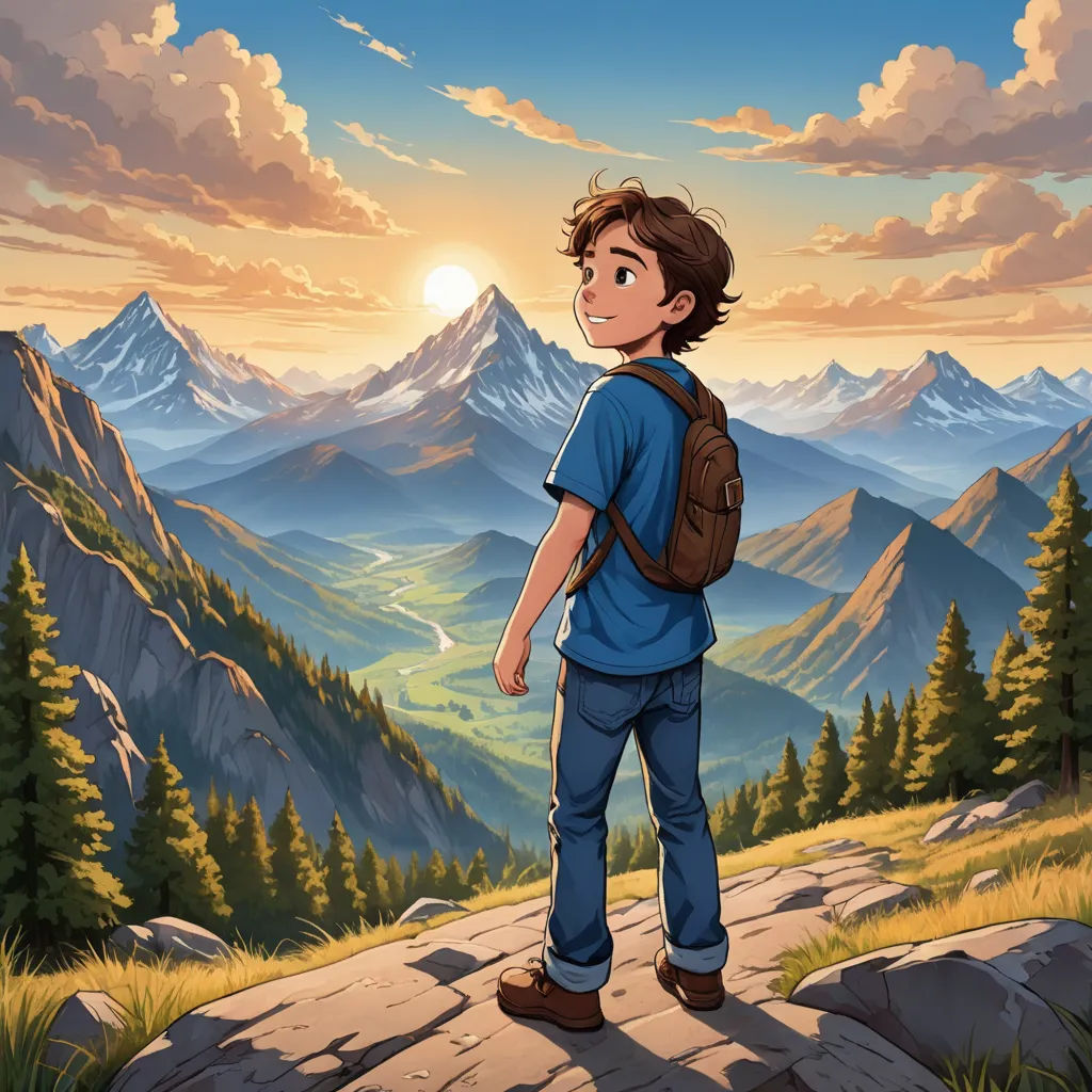 a boy standing on a mountain looking at the sun in the distance with mountains in the background and a valley in the foreground, lyco art, a storybook illustration, Cliff Childs, official art
