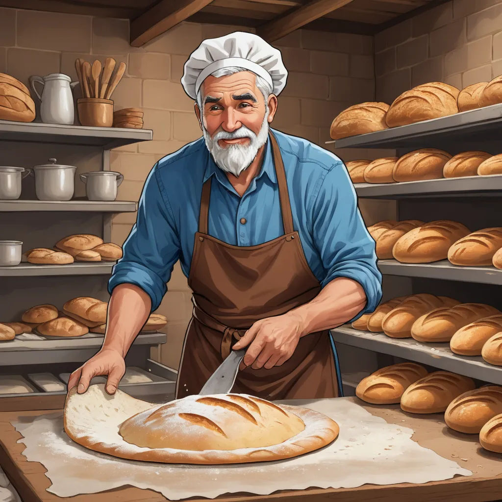 a man in an apron is cutting bread in a bakery with a knife and a loaf of bread on the counter, socialist realism, a stock photo, Dan Content, game art