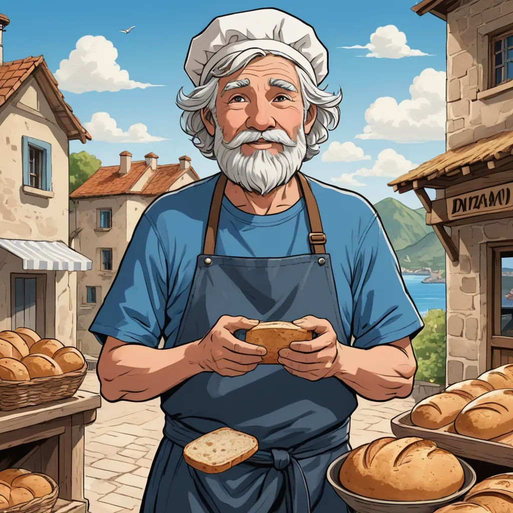 a man with a beard and apron holding a loaf of bread in front of a bakery with a lake in the background, socialist realism, a storybook illustration, Duccio, 2 d game art