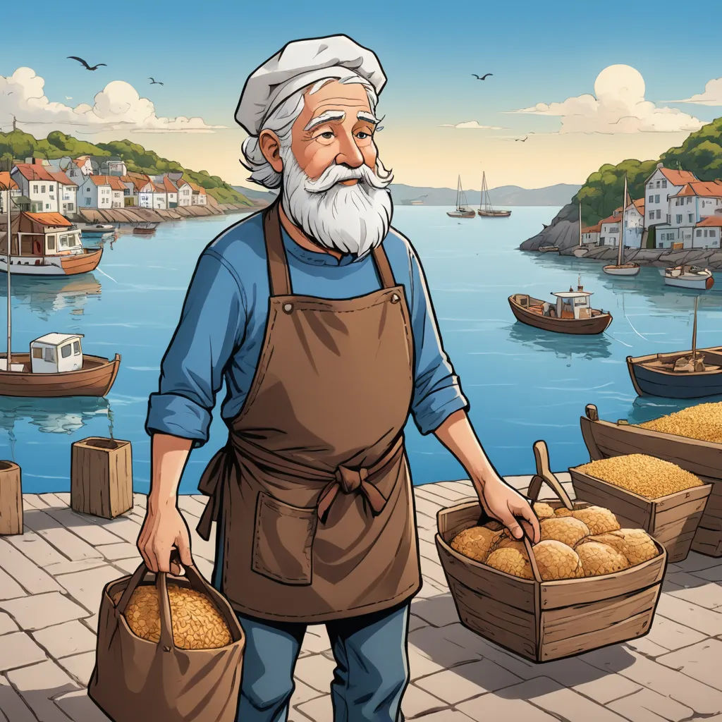 a man with a beard and a beard holding two baskets of bread in front of a harbor with boats, regionalism, a storybook illustration, Artur Grottger, game art