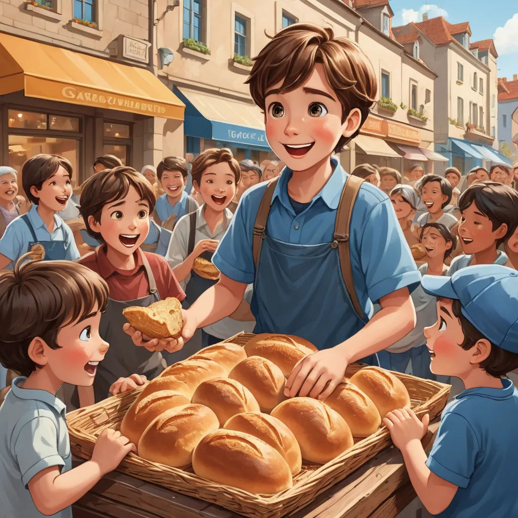 a man holding a tray of bread in front of a crowd of people in a city street with a large loaf of bread, socialist realism, a storybook illustration, Aaron Jasinski, official art