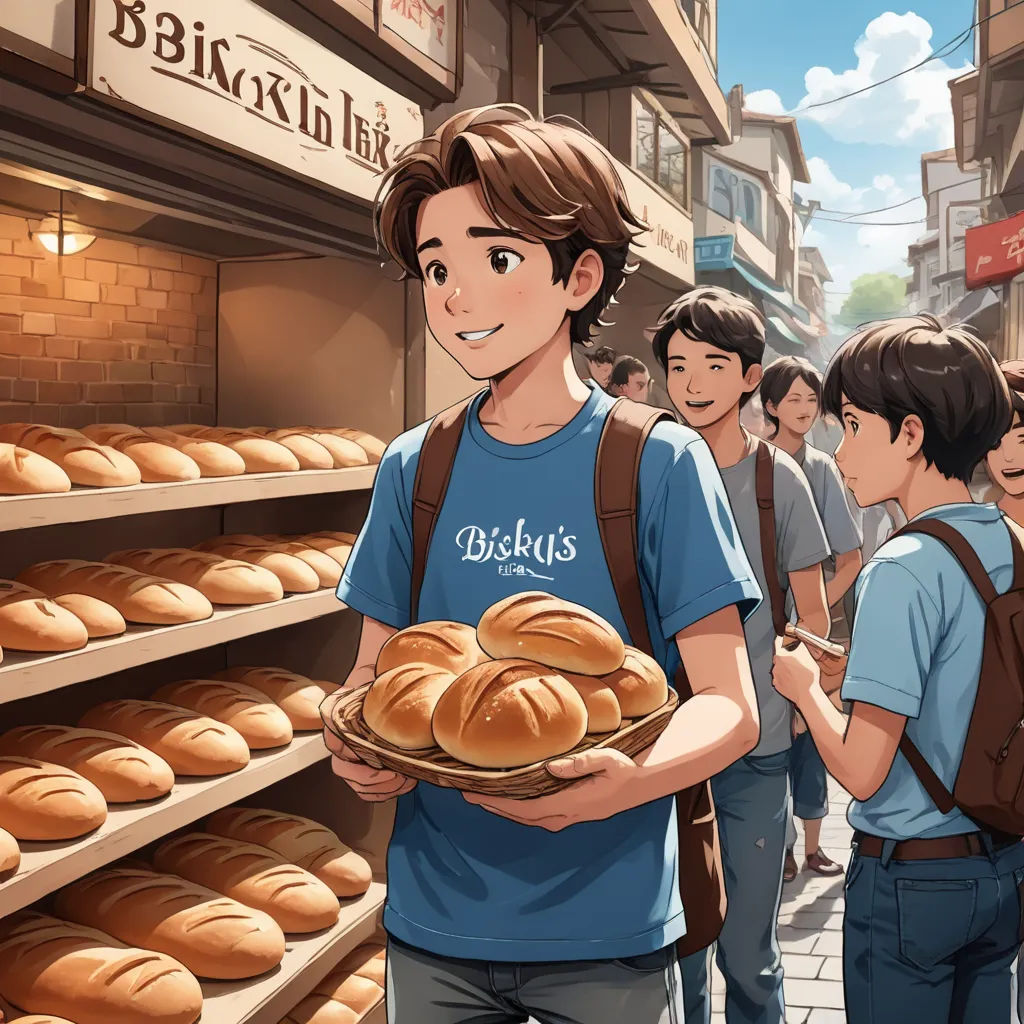 a man holding a plate of bread in front of a bakery filled with breads and buns on shelves, fantastic realism, a storybook illustration, Choi Buk, official art