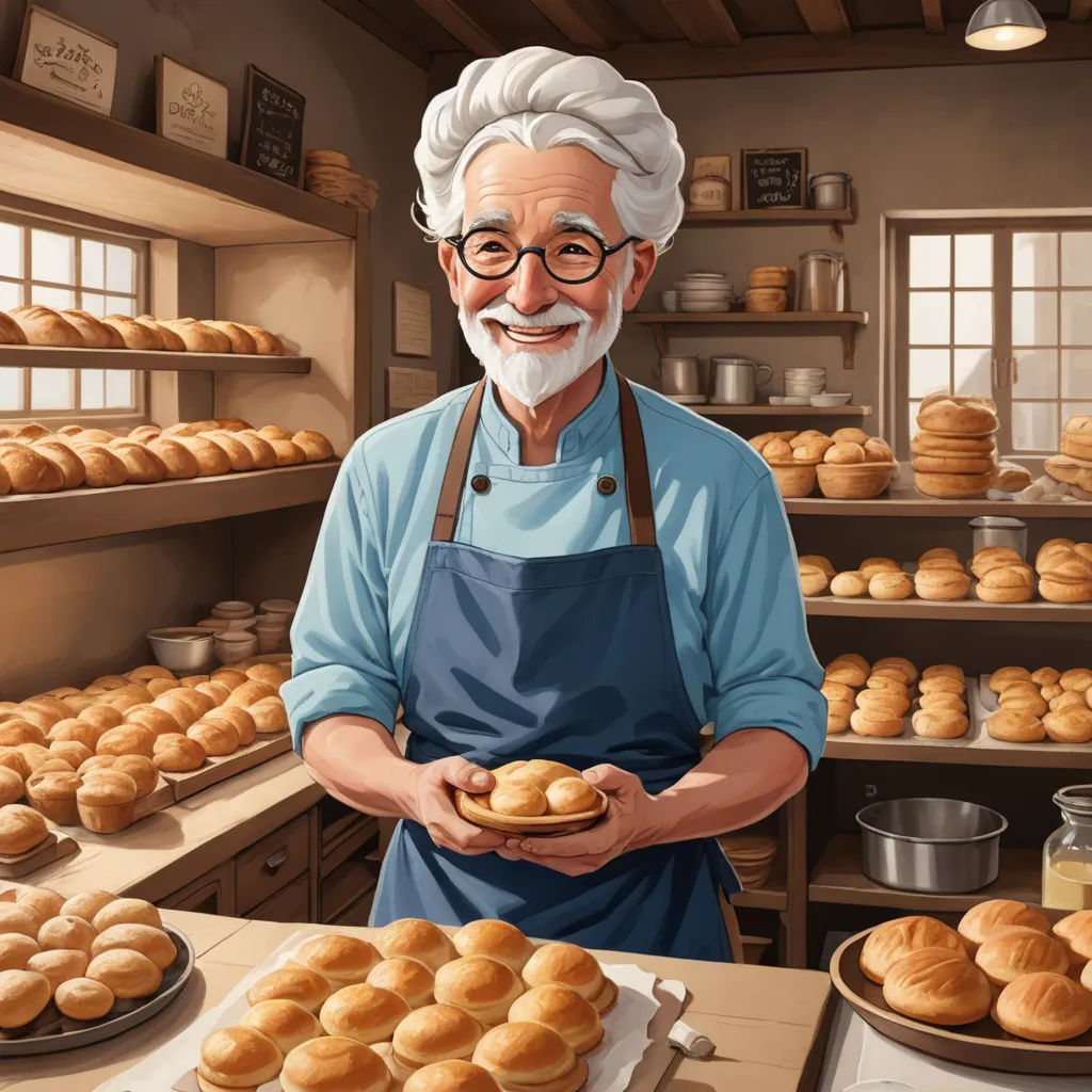 a man holding a bowl of bread in a bakery with lots of baked goods on the shelves behind him, american scene painting, a storybook illustration, Cliff Childs, ghibli