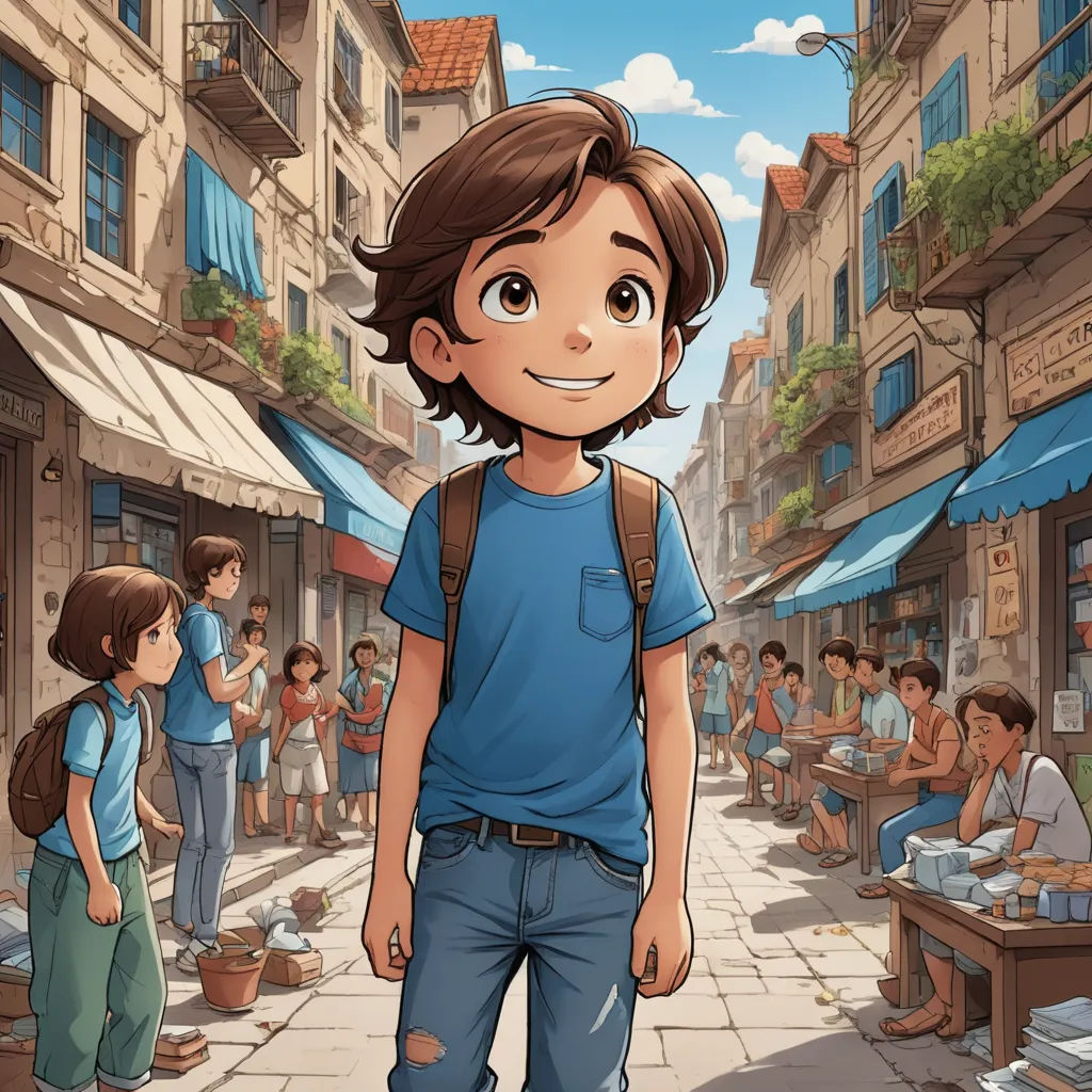 a cartoon boy standing in front of a crowd of people in a city street with a boy in the middle of the street, photorealism, a storybook illustration, Asaf Hanuka, comic cover art