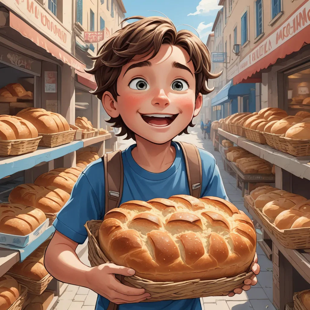 a boy holding a basket of bread in a store aisle with a bunch of bread in the background and a row of bread shelves, photorealism, a storybook illustration, Aaron Jasinski, storybook illustration