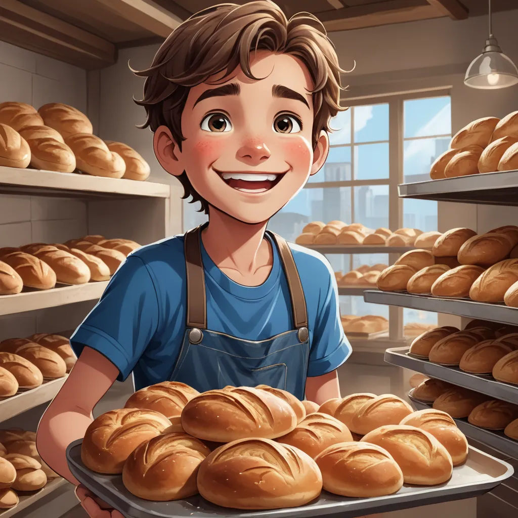 a man holding a tray of bread in a bakery with a rack of breads behind him and a window in the background, remodernism, a stock photo, Arnold Brügger, kinkade