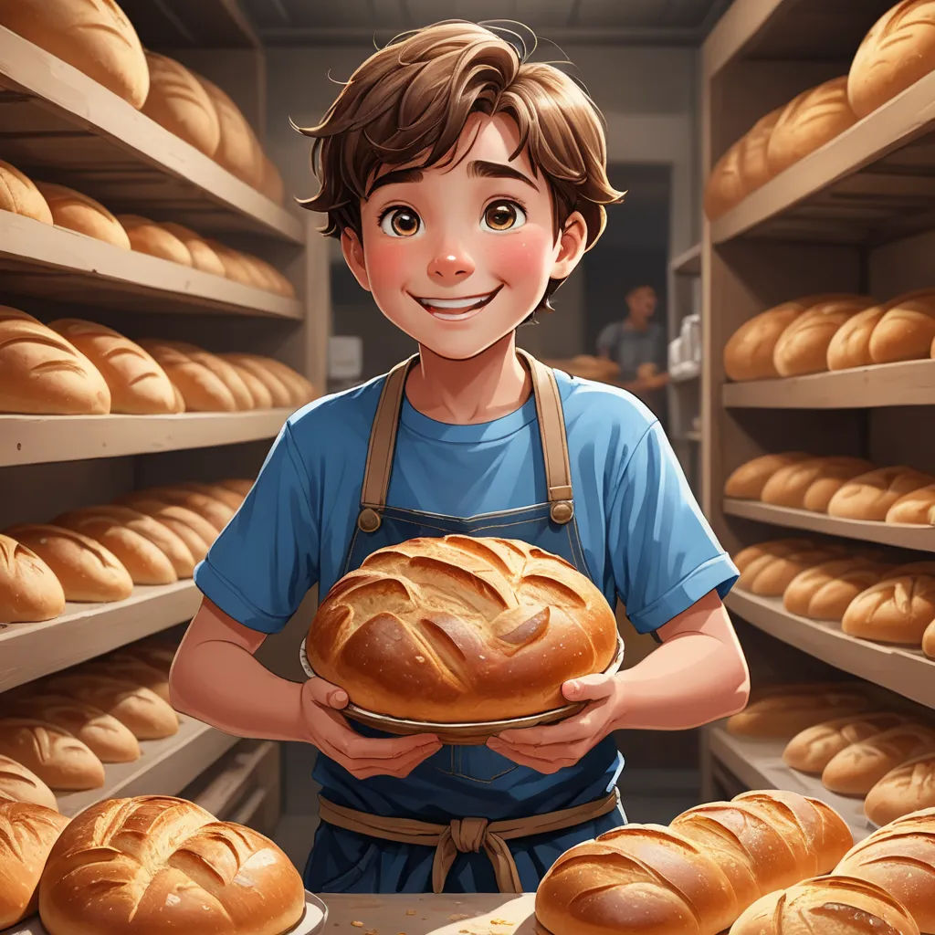 a man holding a loaf of bread in a bakery with lots of bread in the background and a shelf full of bread, sots art, a storybook illustration, Alejandro Burdisio, kinkade