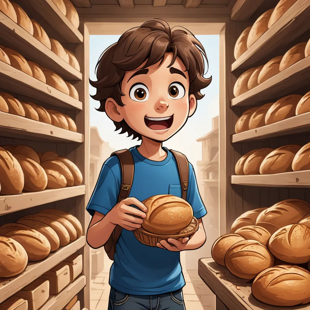 a boy holding a loaf of bread in a bakery with a lot of breads in the background illustration, lyco art, a storybook illustration, Diego Gisbert Llorens, storybook illustration
