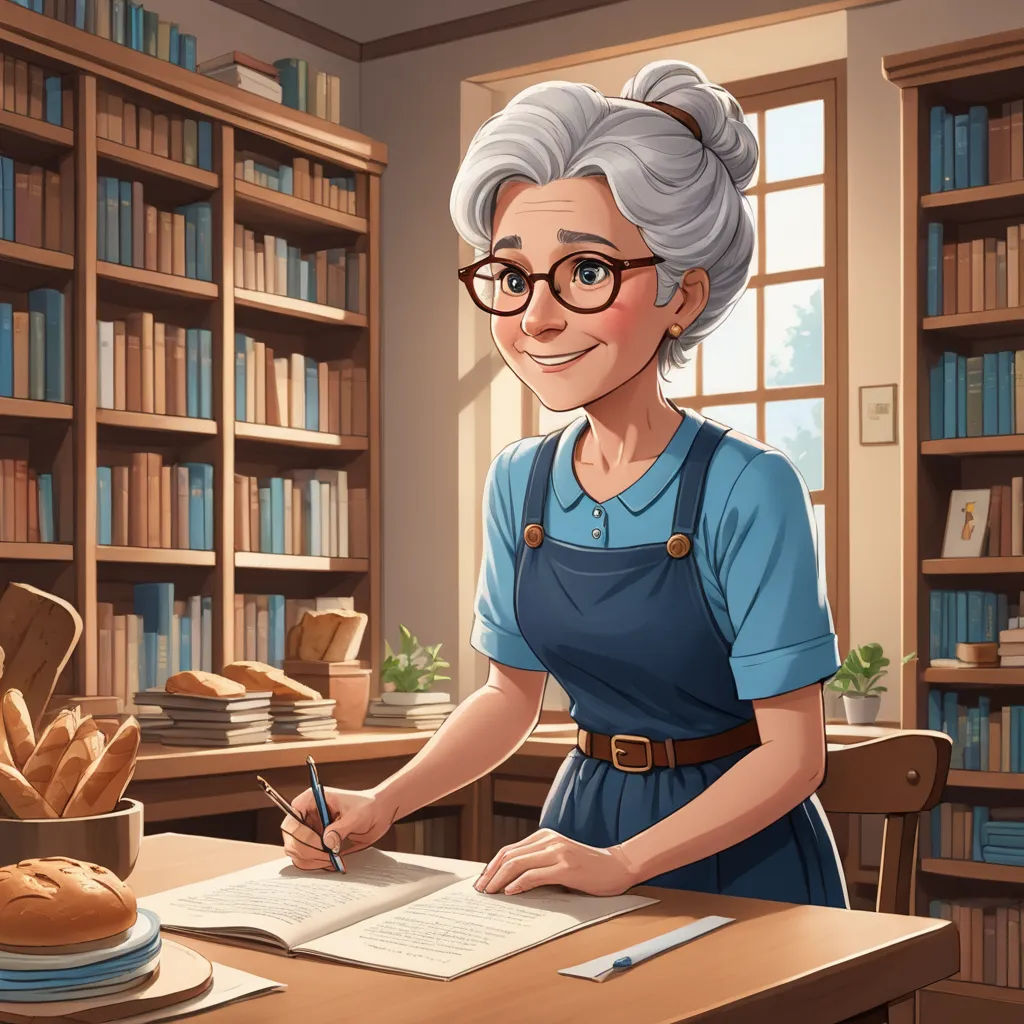 a cartoon woman writing in a book in a library with a bookcase full of books and bread on the table, sots art, a character portrait, Anne Said, storybook illustration